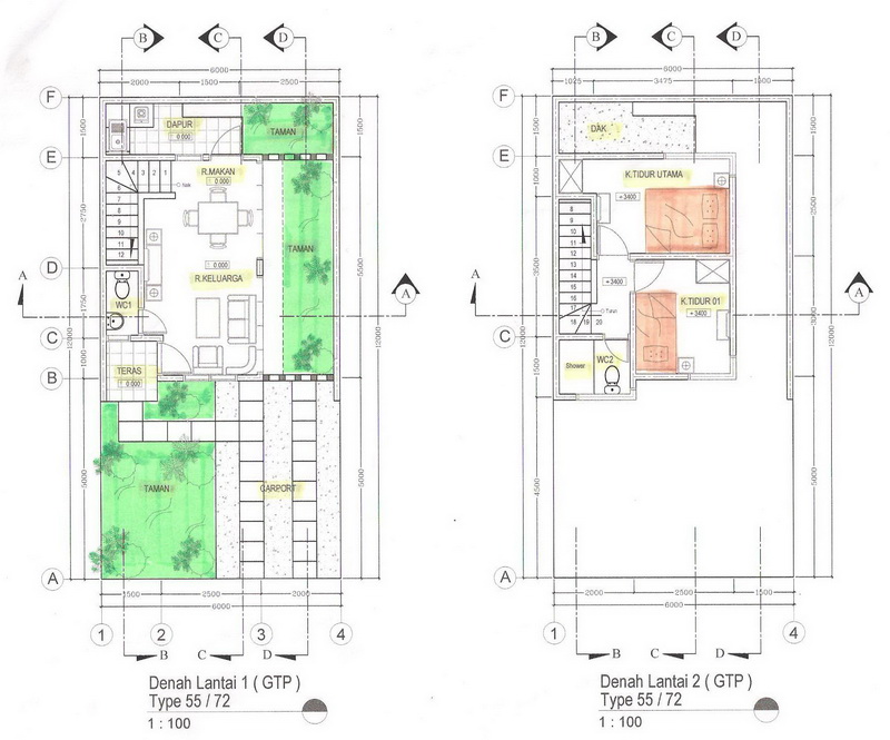 denah type 55/72 2 lantai