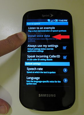 select install voice data to enable text to speech. Follow directions to install.