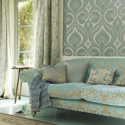blue and tan damask sofa Farrow & Ball wallpaper