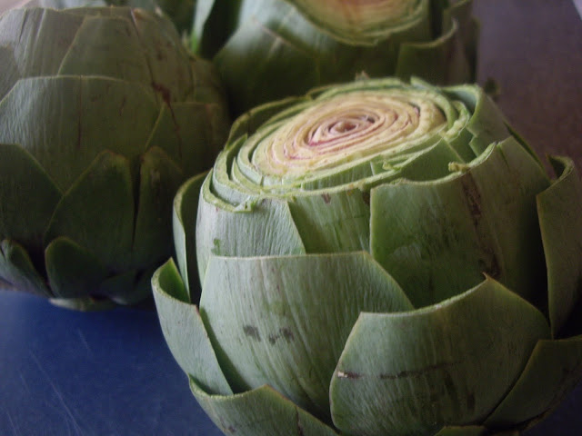 A close up of an artichoke with the top cut off of it. 