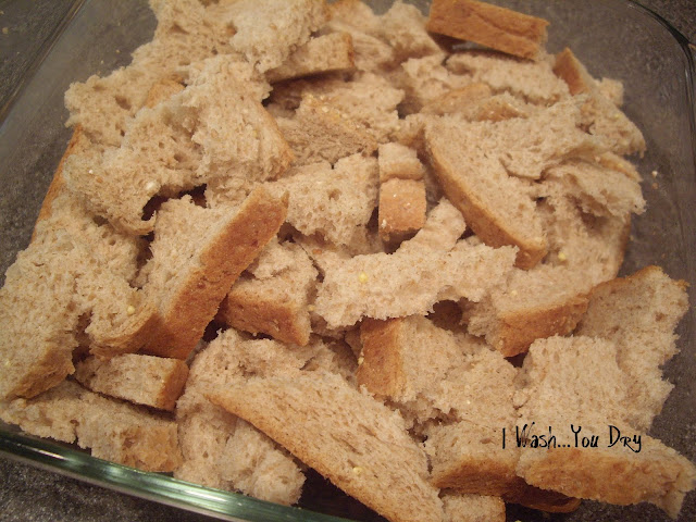 A close up of bowl of bread pieces. 