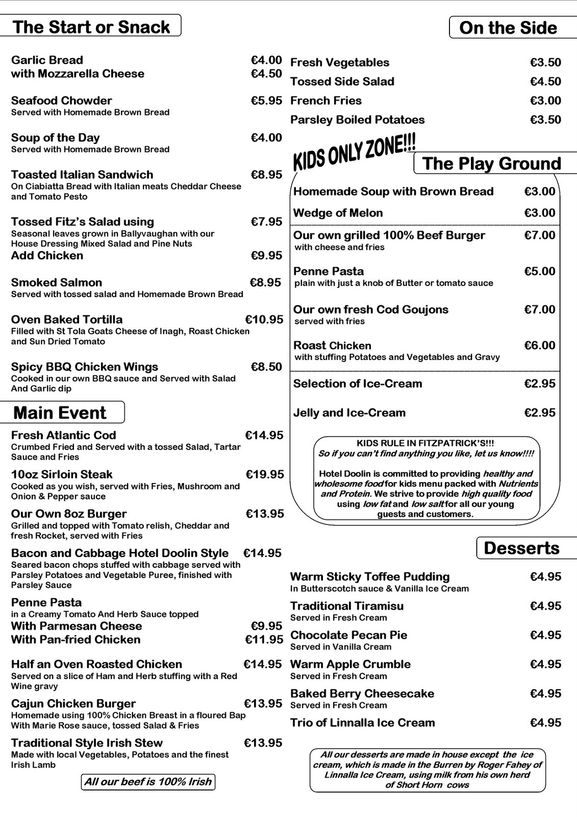 Hotel Doolin BAR MENU