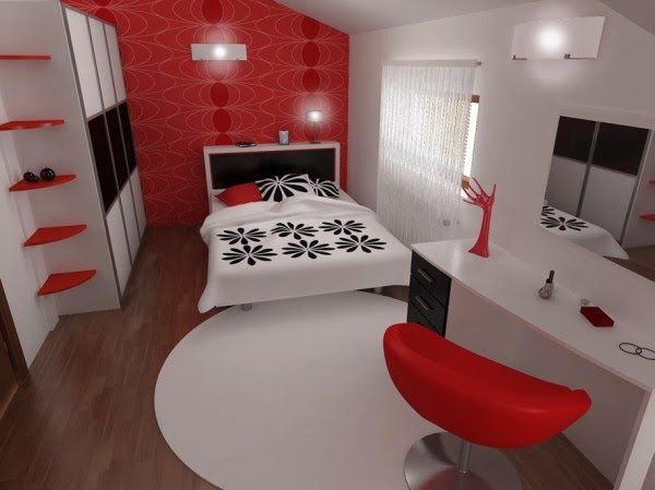 Decoracion Diseño: Dormitorio en 3D de colores rojo y blanco con sala 
