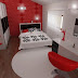 Dormitorio en 3D de colores rojo y blanco con sala de estar