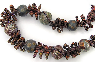 finger weaving, necklace with raku beads, by Robin Atkins, bead artist