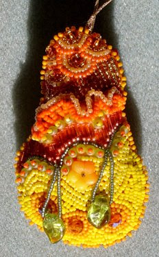 bead embroidery, pear ornament by Mary Tod, detail