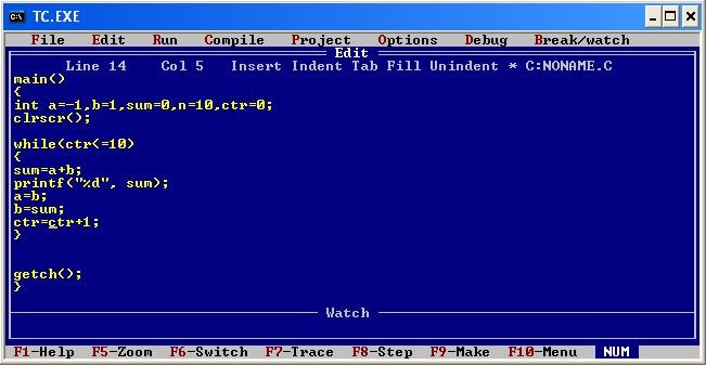 bAsiC pROgamMing: TURBO C - Fibonacci series