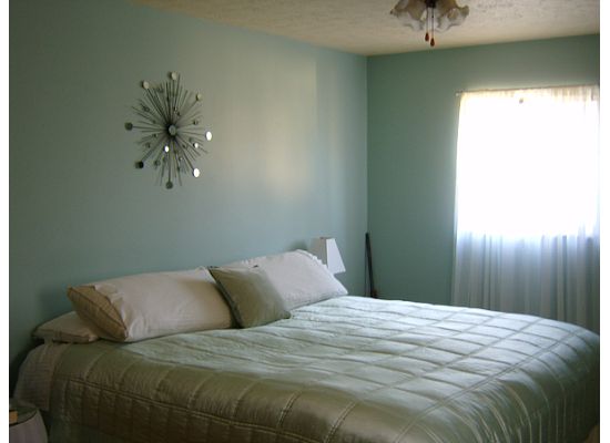 Keepin Up With The Joneses Our Digs The Paint Is Olympic In Seasprite Egg Shell Finish Headboard Bedding Side Tables Lamps Lamp Shades Curtain Rods And Curtains Are From Target S