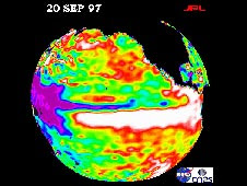 The 1997-1998 El Nino, seen here in this Sept. 20, 1997 image from the NASA/French Space Agency Topex/Poseidon satellite, was one of the most powerful El Ninos of the past 100 years