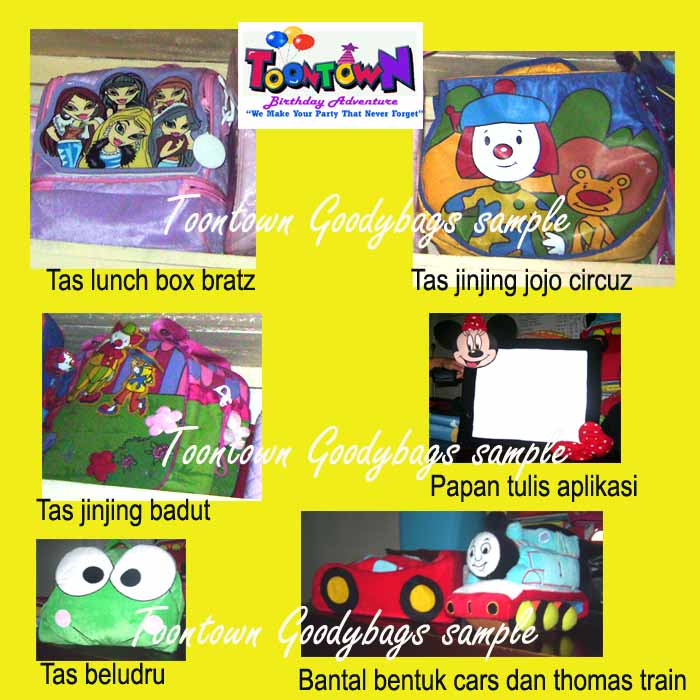 bantal thomas train, tas lunch box bratz, papan tulis dll