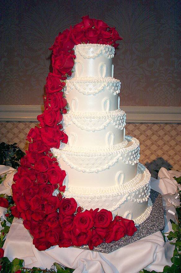 Five tier round custom white fondant classic elegant wedding cake design 