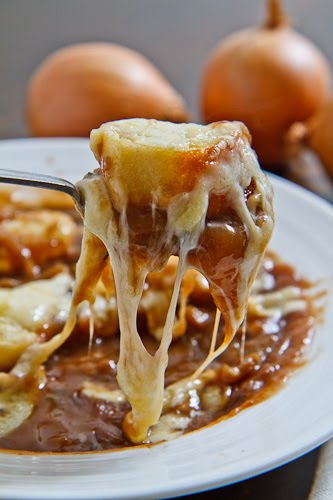 French Onion Soup with Stringy Melted Cheese