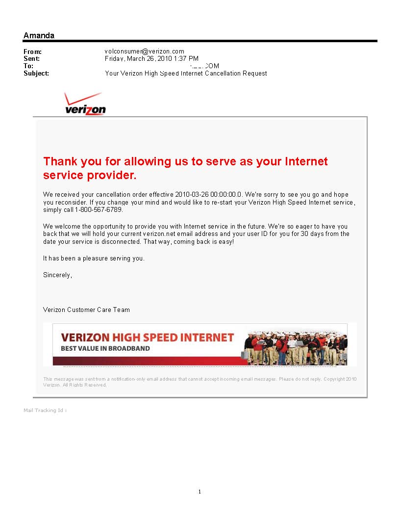 Verizon Save My Credit: Confirmation of Cancellation email from Verizon