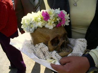 Decorated human skull in Bolivia