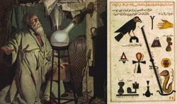 مخطوطة لابن حيان مع صورة تبين مزاولة الخيمياء في أوروبا في العصور الوسطى لتحويل المعادن إلى ذهب