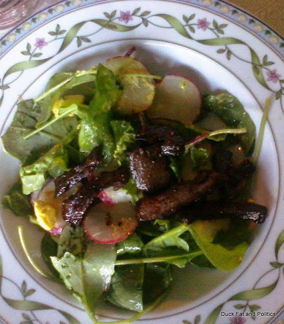 Duck Fat and Politics Dried salted pig's liver, radishes, and boiled eggs