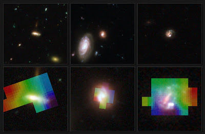 Las tres galaxias del estudio vistas por Hubble y el gas visto por VLT