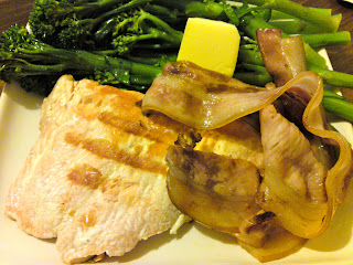 Grilled salmon fillet, bacon, and boiled broccolini