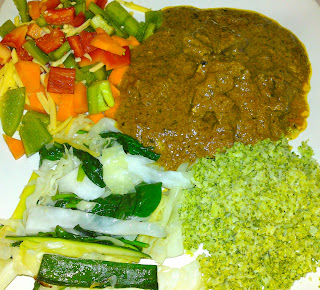 Sunday's dinner - coconut beef curry, with broccoli rice, sauteed cabbage, zucchini and spinach, and a diced capsicum, carrot and cheddar salad