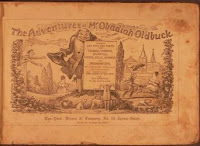 An illustration with the prominent title "The Adventures of Mr. Obidiah Oldbuck," featuring a large, smiling man doffing a tricorn hat from behind a sign featuring further text. He is outside and there are a number of people and animals engaged in various activities around him, including a man leaning out of a window on the left side of the illustration, reaching for the hat.