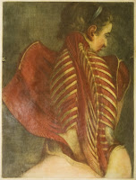 A color plate showing a seated woman from behind, glancing over her shoulder. The skin of back has been cut and pulled to the side to reveal the muscle and bone beneath.