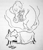 An illustration of Winnie-the-Pooh in bed, as a heffalump holding a jug of honey floats above him.