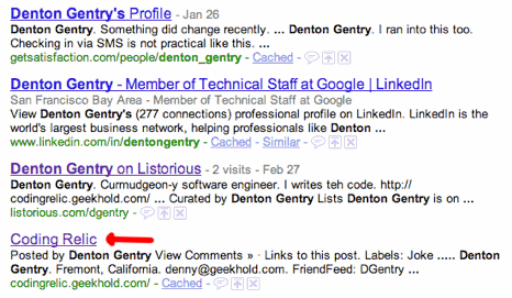 Google Search results getsatisfaction.com #1, linkedin #2, listorious #3