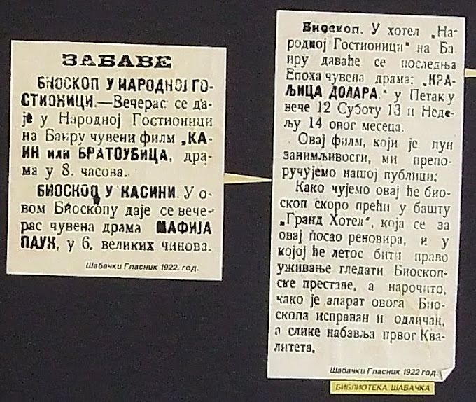 Repertoar filmova u ,,SLOZI,, i ,,KASINI,, 1922.