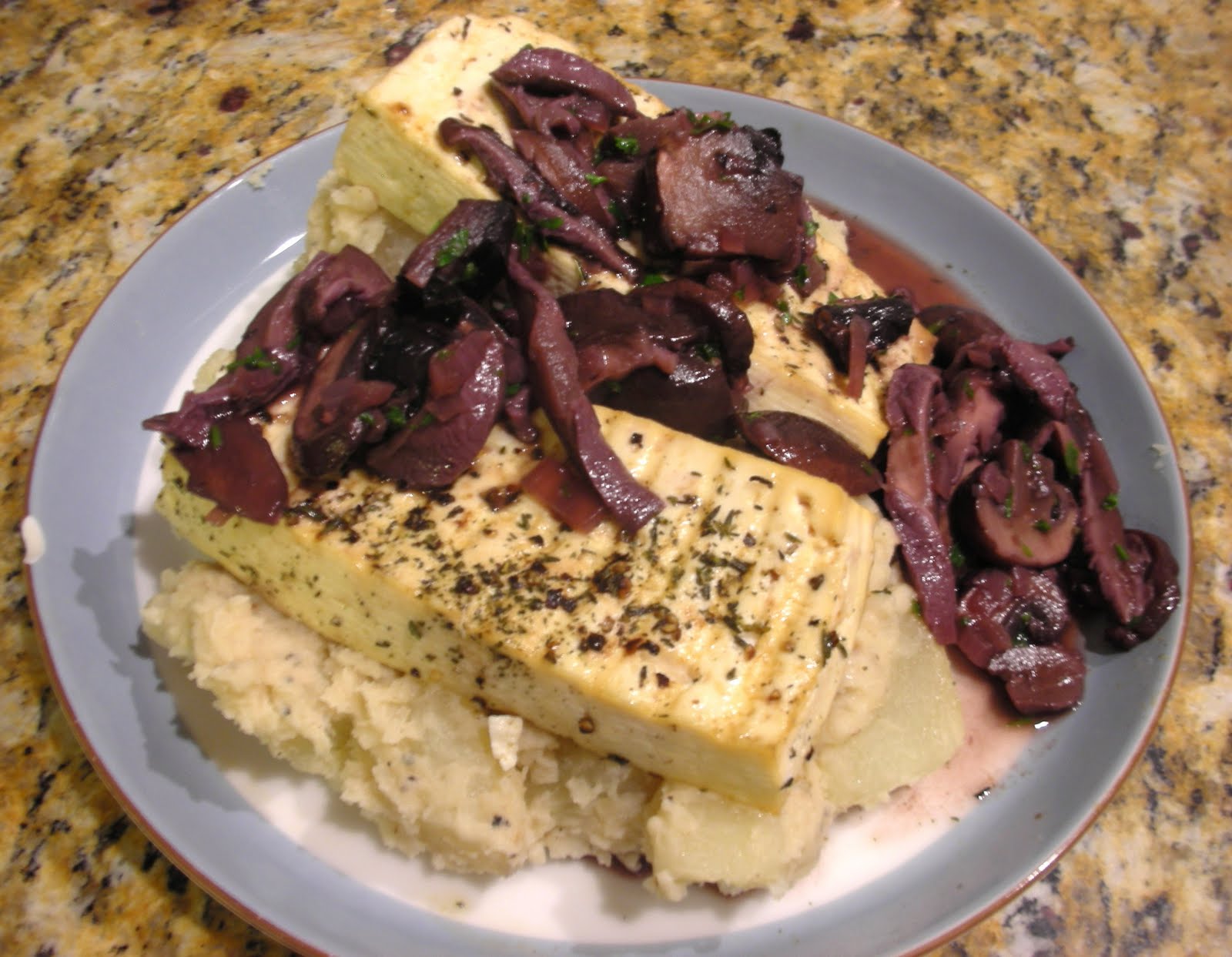 Everyday Vegan Tofu Steaks with Red WineMushroom Sauce and Mashed
