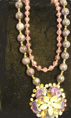 Purple Jade & Cracked Glass Beads with Rhinestone Flower Centerpiece