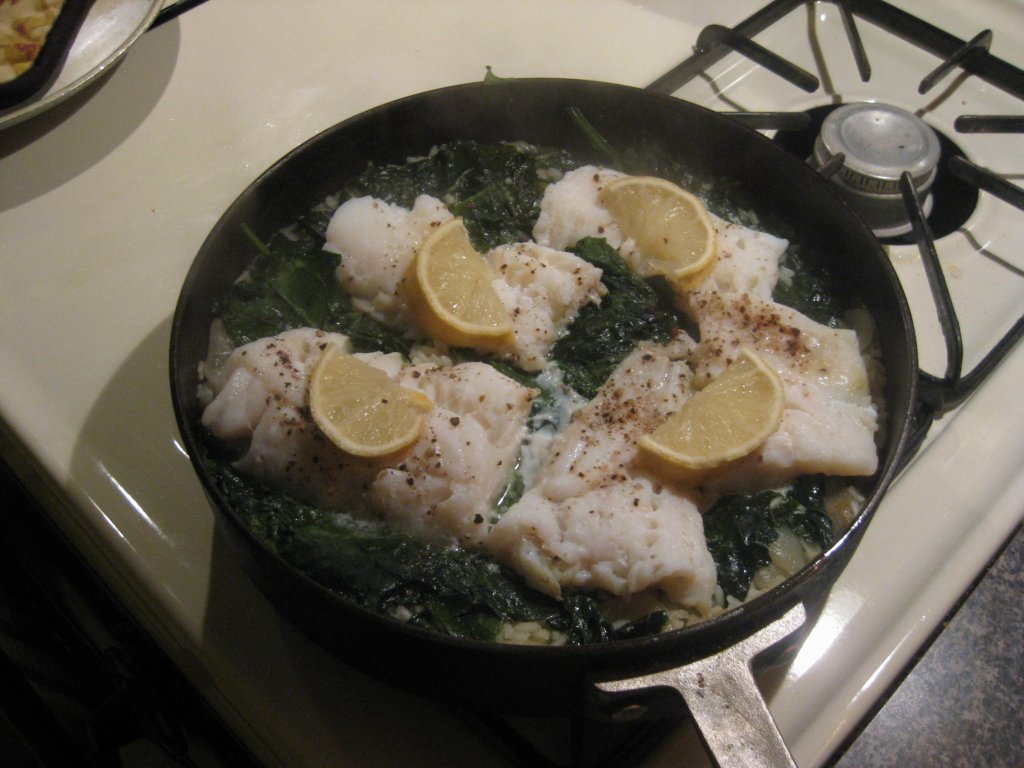 Dinner's Ready: Cod Poached on Spinach Over Rice