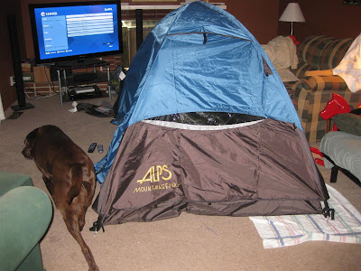 setting up tent in living room, practice camping