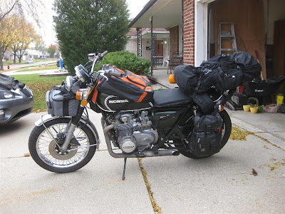 practice loading the motorcycle, cross country trip, honda 1972