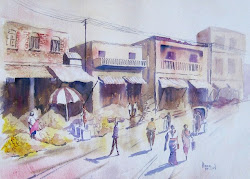 market scene melons watercolor title