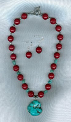Red Beaded Necklace w/ Turquoise Pendant