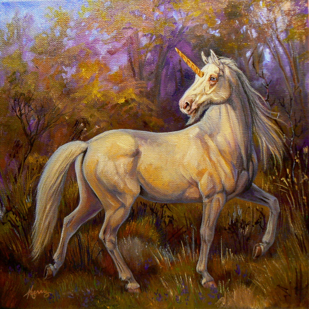 Horse art, Equine art, for sale. "Forest Unicorn" 12x12 oil on canvas