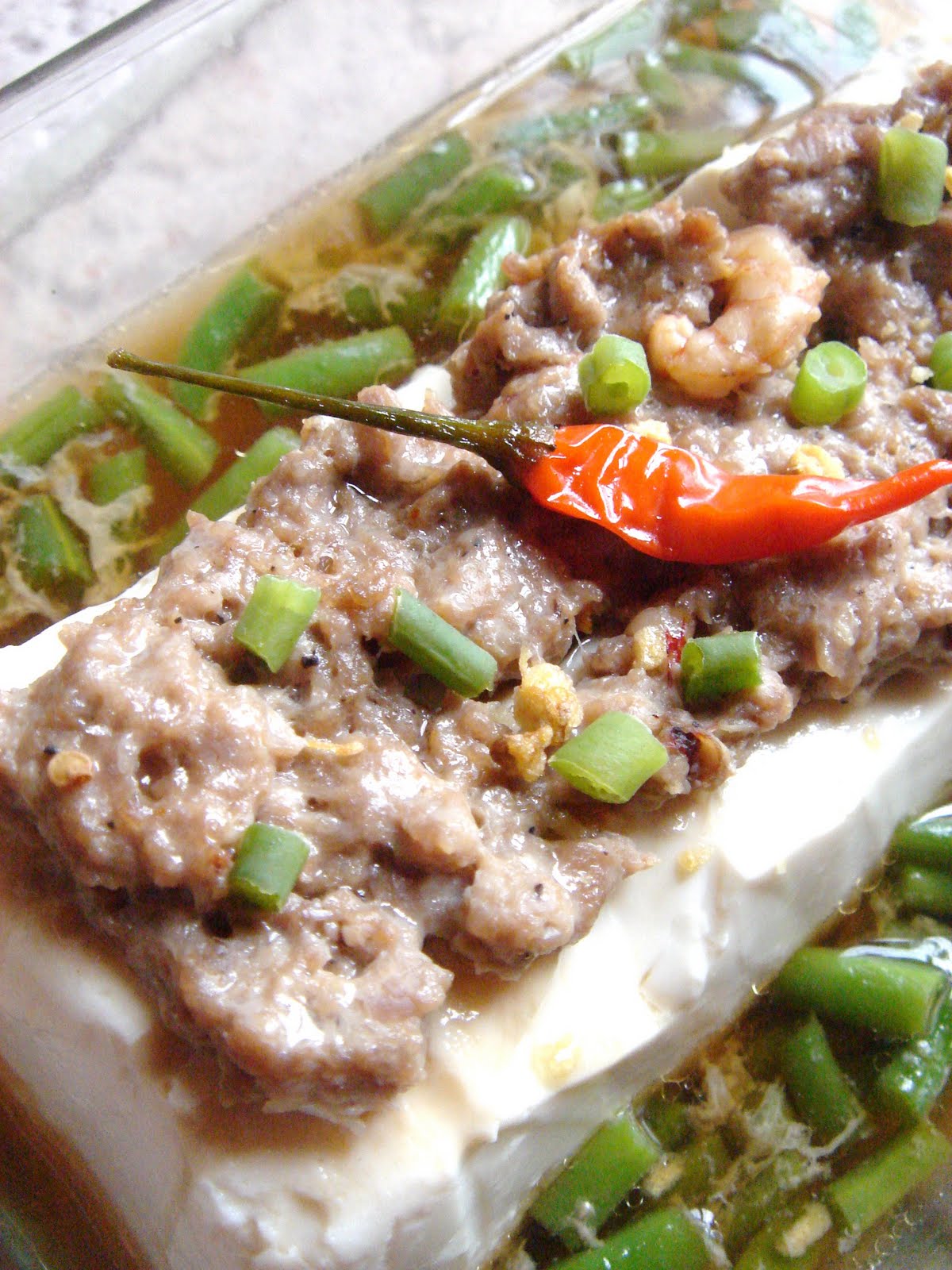 East meets West: Steamed Minced Pork on Silken Tofu