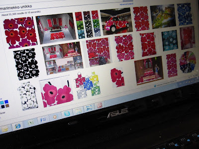 Computer screen showing a selection of images of Marimekko Unikko fabric.