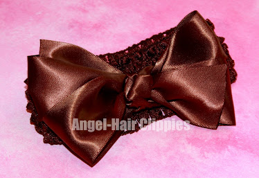 Brown Satin Bow w/detachable brown crochet headband