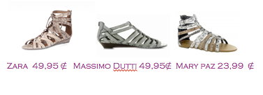 Comparativa precios 2010: Sandalias planas cordones: Zara 49,95€ - Massimo Dutti 49,95€ - Mary Paz 23,99€