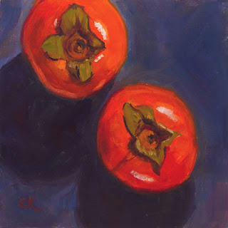 Jacques, get over here. People are staring at us! Connie Kleinjans, original oil painting, Two Tiny Persimmons