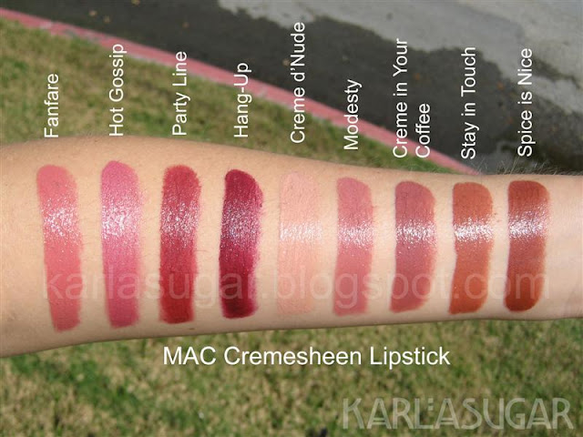 MAC, Cremesheen, lipstick, swatches, Fanfare, Hot Gossip, Pary Line, Hang-Up, Creme d'Nude, Modesty, Creme in Your Coffee, Stay in Touch, Spice is Nice