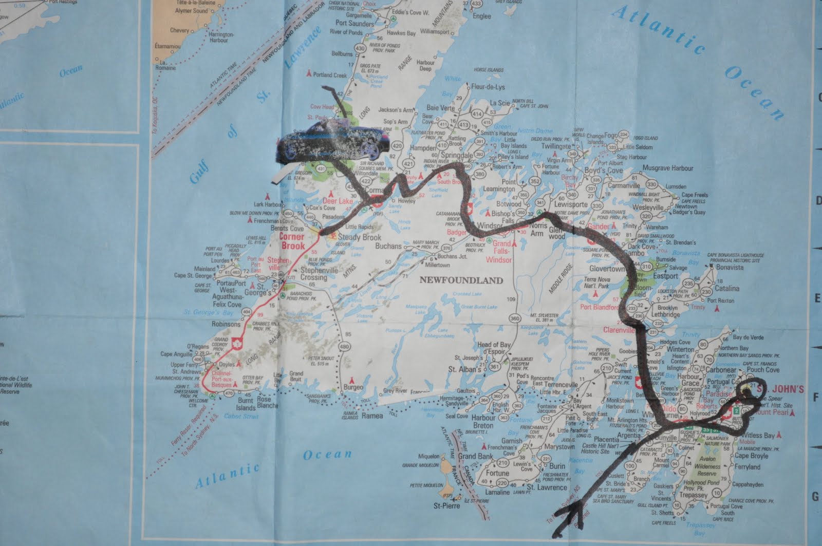 Two Lanes, Top Down, Green Dots Day 19 St. John's to Rocky Harbour