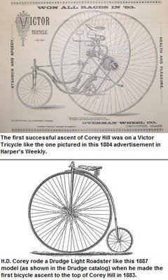 Illustration: a Victor Tricycle, top, and Rudge Light Roadster, bottom, were the first tricycle and bicycle to climb Corey Hill