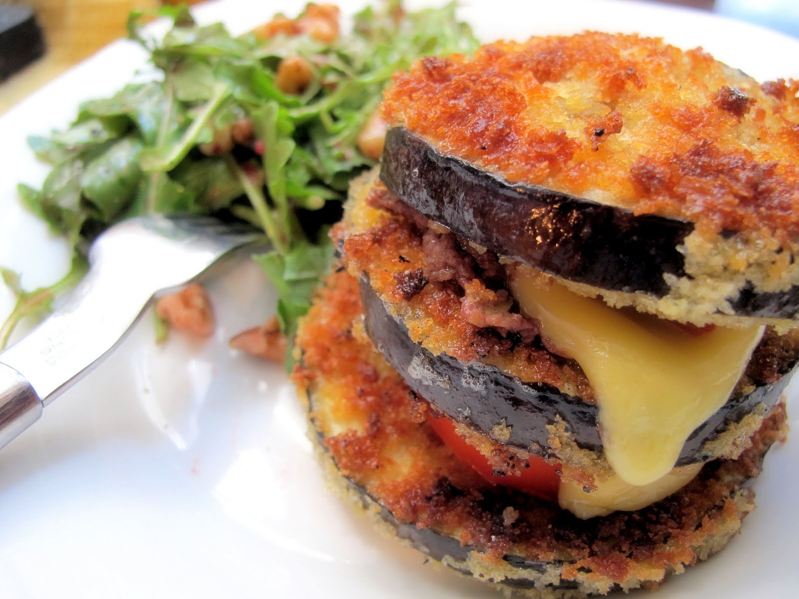 Cheese us, Christ! panko crusted eggplant stacks with red wax gouda