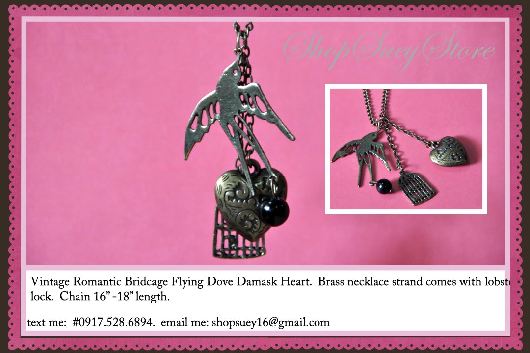 Birdcage Flying Dove Heart Damask Vintage Necklace (example