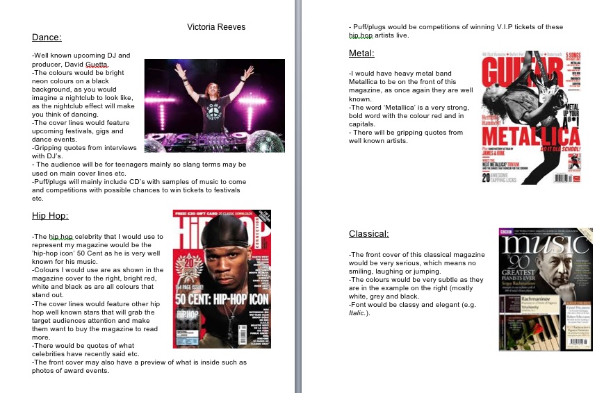 Victoria Reeves AS Media Different genre magazine covers