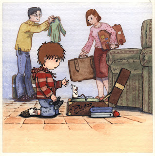 Ilustración infantil la familia de la ratona Olivia se va de viaje, hecha por ªRU-MOR