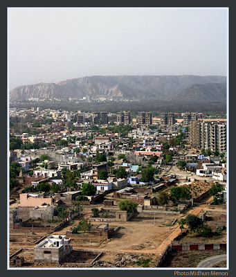 arial view of jaipur pink city through aircraft window