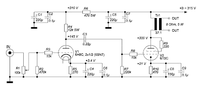 Wiring Schematic Diagram: Tube 6SN7 (6H8C) + 6p3c 6 Watts GUITAR or HI